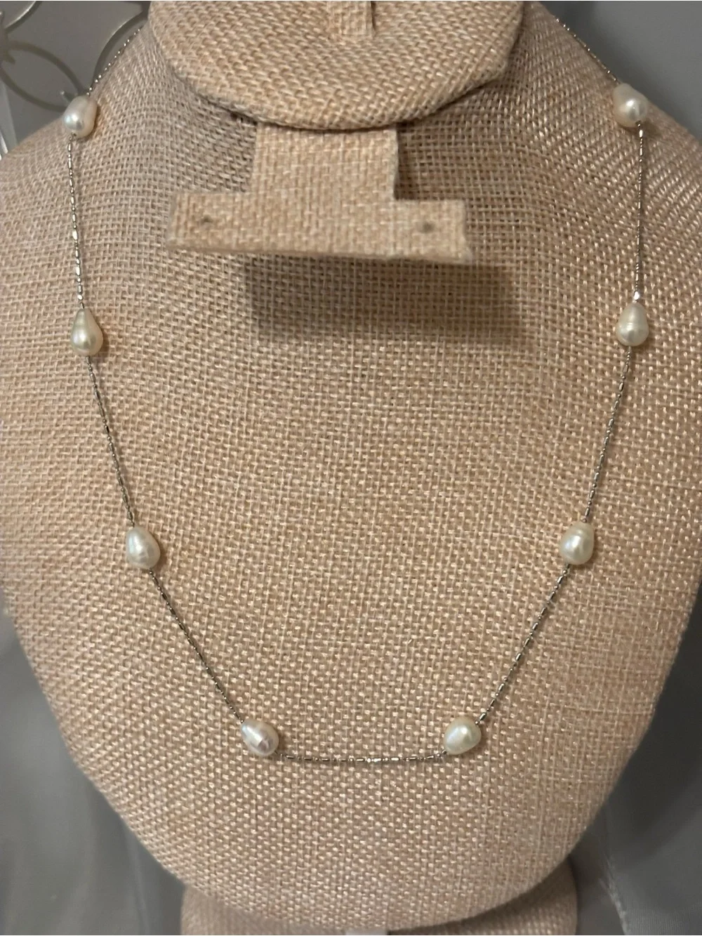 Silver Freshwater Pearl Station Necklace - White